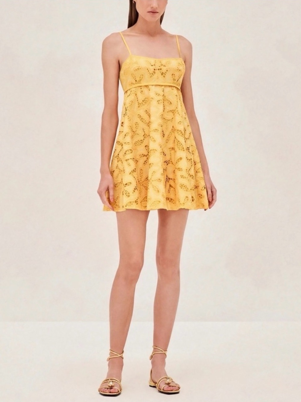 Alexis Bright Yellow Lace Mini Dress with Spaghetti Straps - Picture 2 of 5